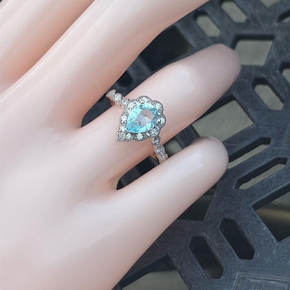 Pear Cut 1.25 tcw Genuine Aquamarine & Diamond Ring Sterling Silver Size 7 - Picture 3 of 13